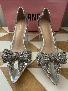 💎 Berness Princess Silver & Rhinestone Big Bow Glass-Like Heels
